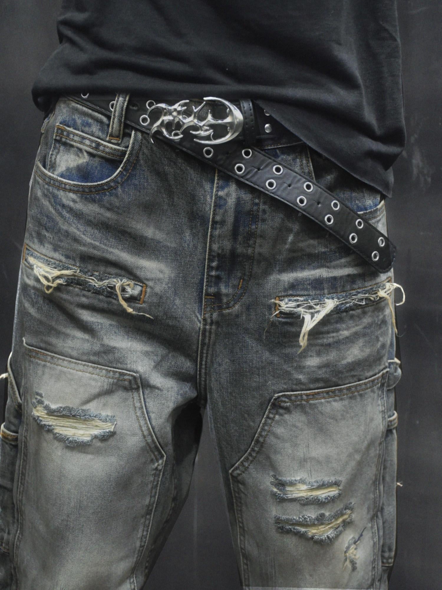 TH4SWE Distressed Mid Rise Deep Blue Cotton Button Fly Unisex Denim Straight Jeans