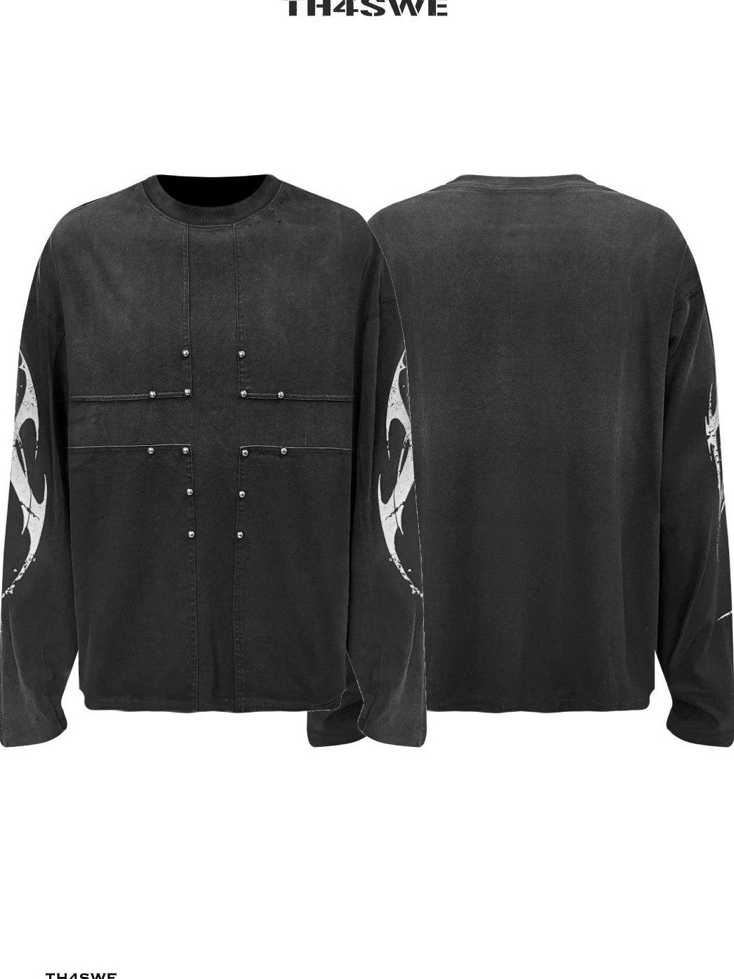TH4SWE Distressed Studded Patchwork Dark Loose Unisex Black Cotton Long Sleeve T-Shirts