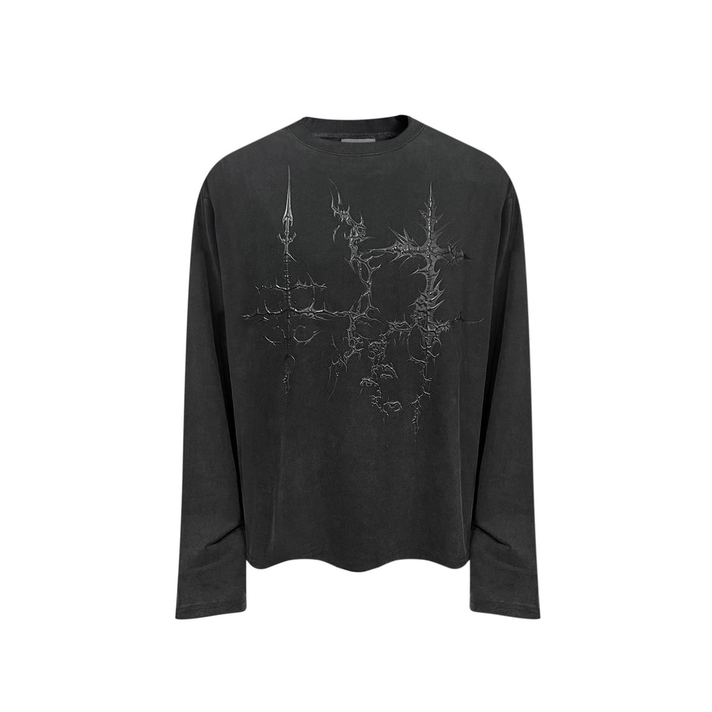 TH4SWE Distressed Studded Thorns Print Punk Slim Unisex Cotton Long Sleeve T-Shirts
