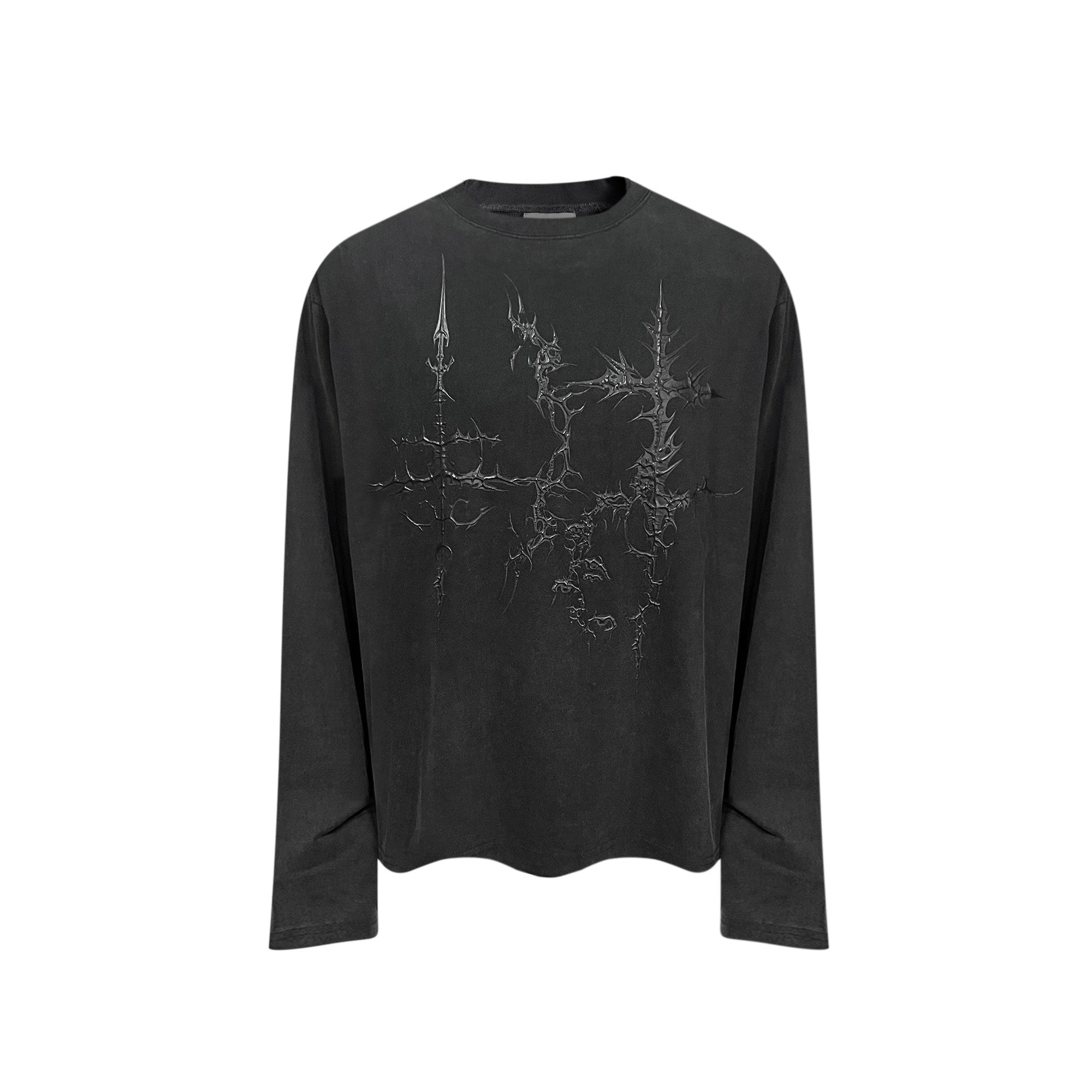 TH4SWE Distressed Studded Thorns Print Punk Slim Unisex Cotton Long Sleeve T-Shirts