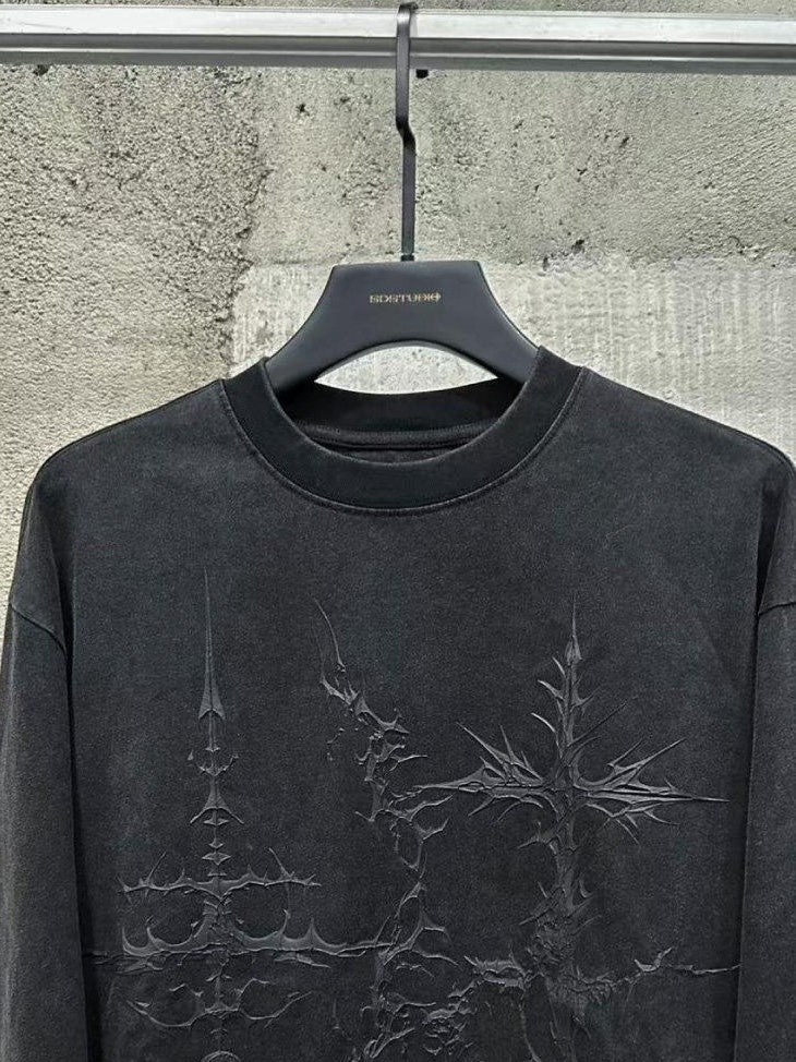 TH4SWE Distressed Studded Thorns Print Punk Slim Unisex Cotton Long Sleeve T-Shirts