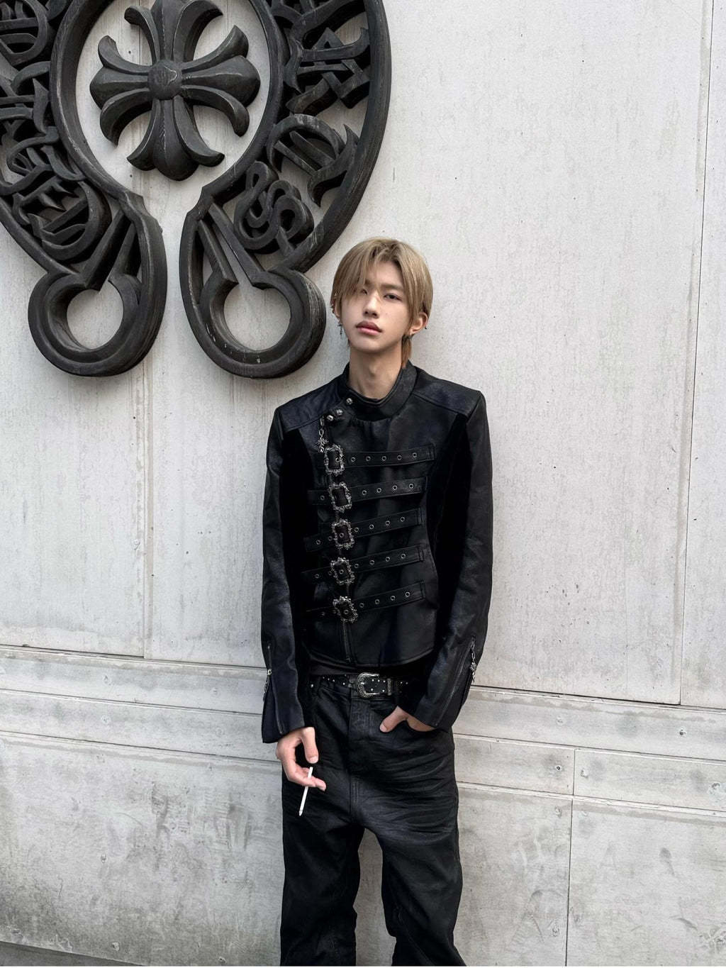TH4SWE Pu Slim Fit Vintage Tie Stand Collar Unisex Black Zipper Short Leather Jackets
