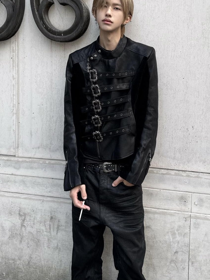 TH4SWE Pu Slim Fit Vintage Tie Stand Collar Unisex Black Zipper Short Leather Jackets