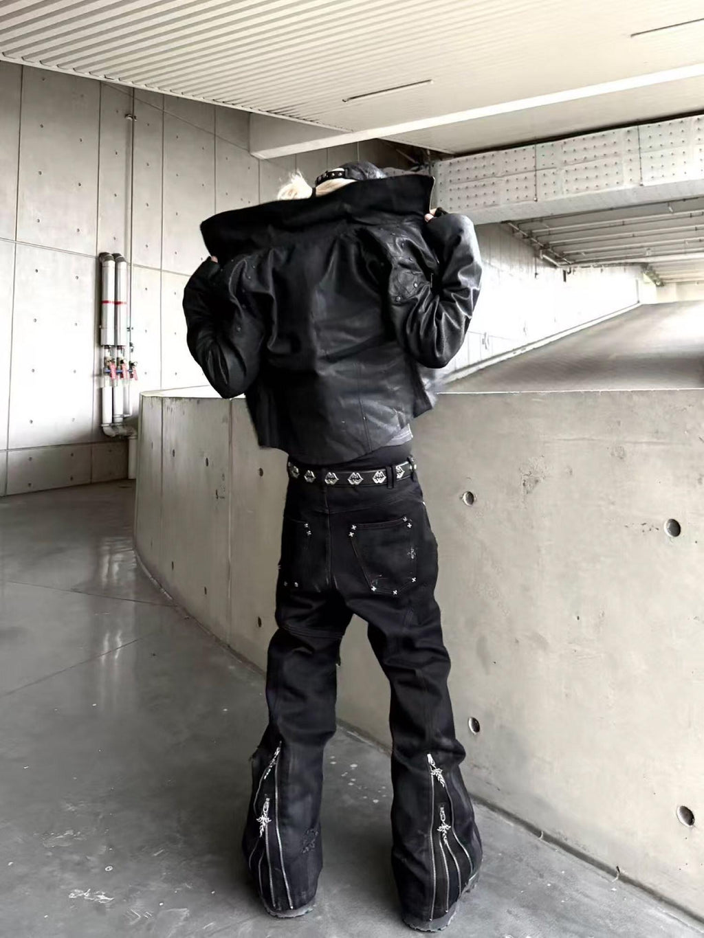 TH4SWE Studded Distressed Patchwork Mid Waist Casual Black Straight Pants
