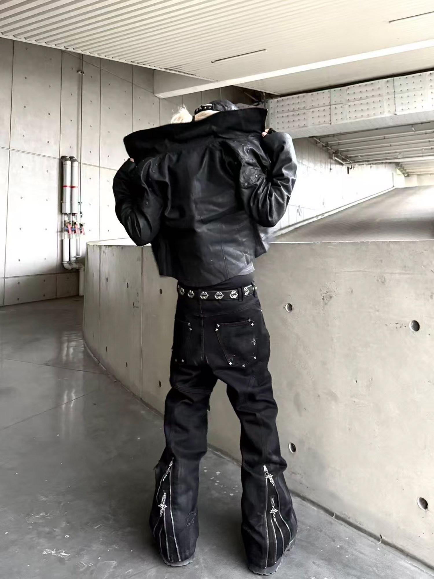TH4SWE Studded Distressed Patchwork Mid Waist Casual Black Straight Pants
