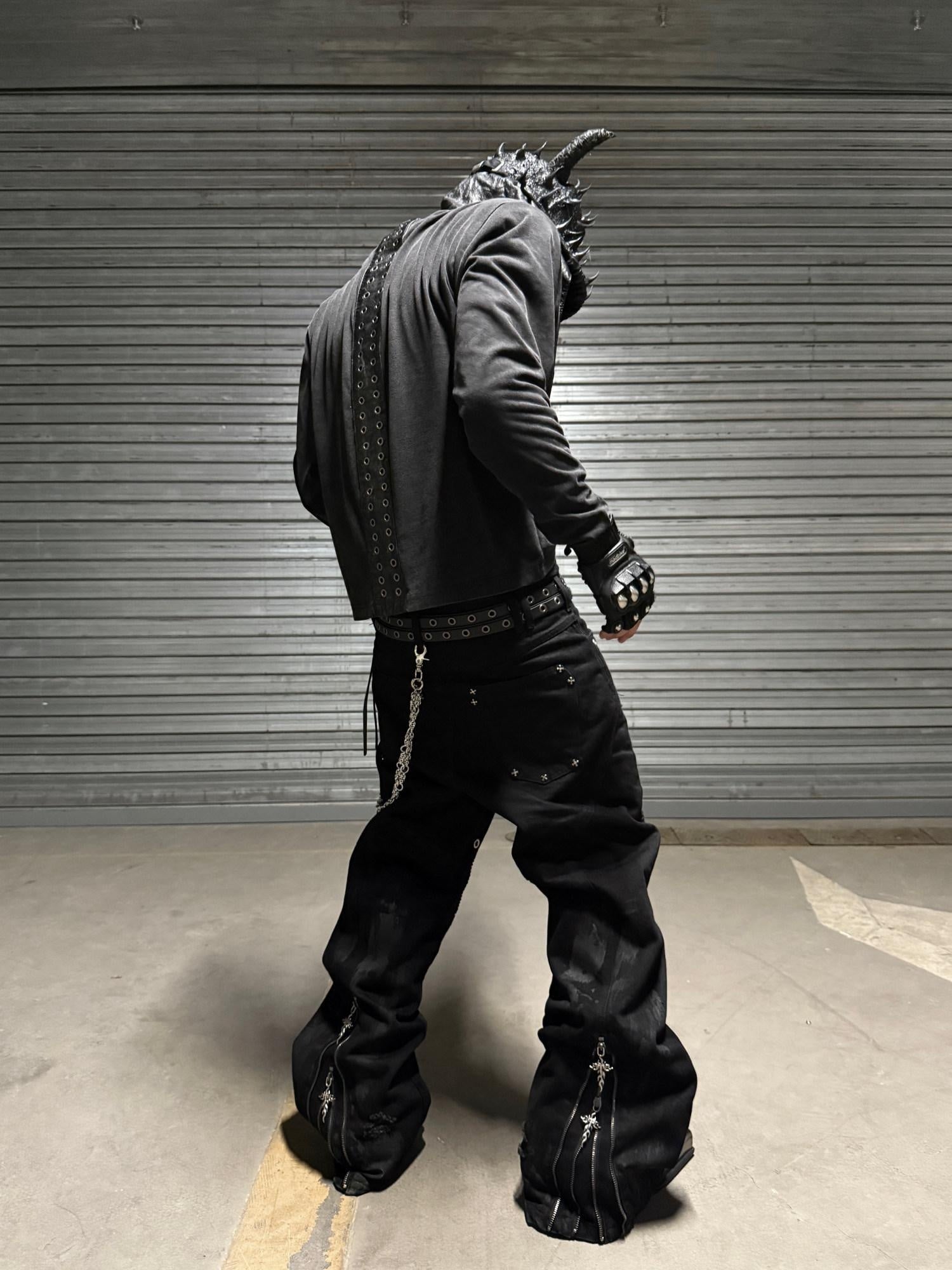 TH4SWE Studded Distressed Patchwork Mid Waist Casual Black Straight Pants