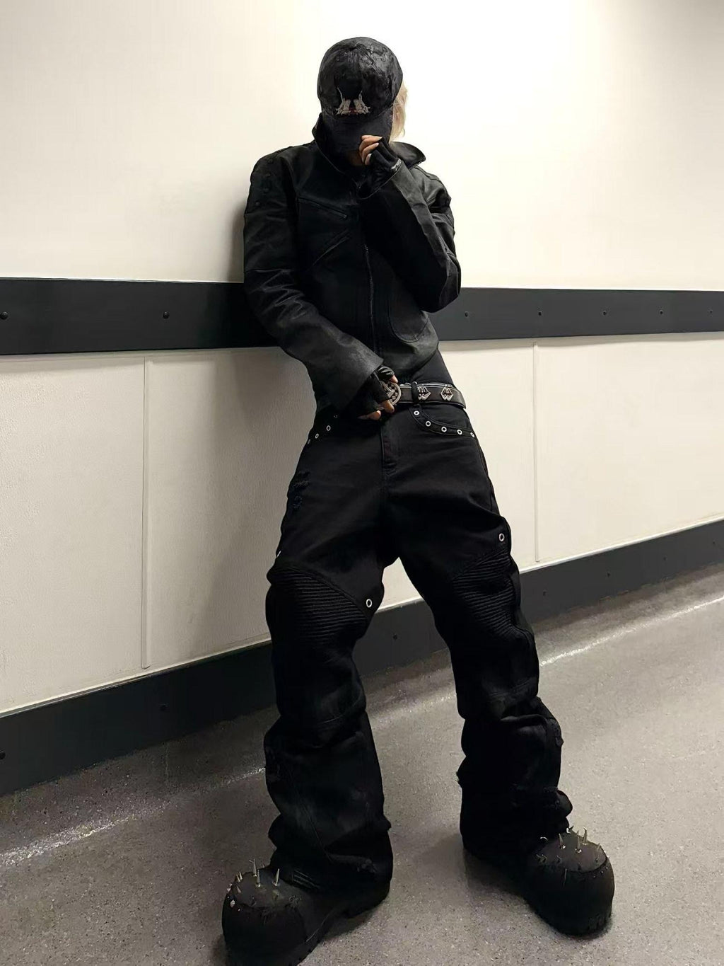 TH4SWE Studded Distressed Patchwork Mid Waist Casual Black Straight Pants