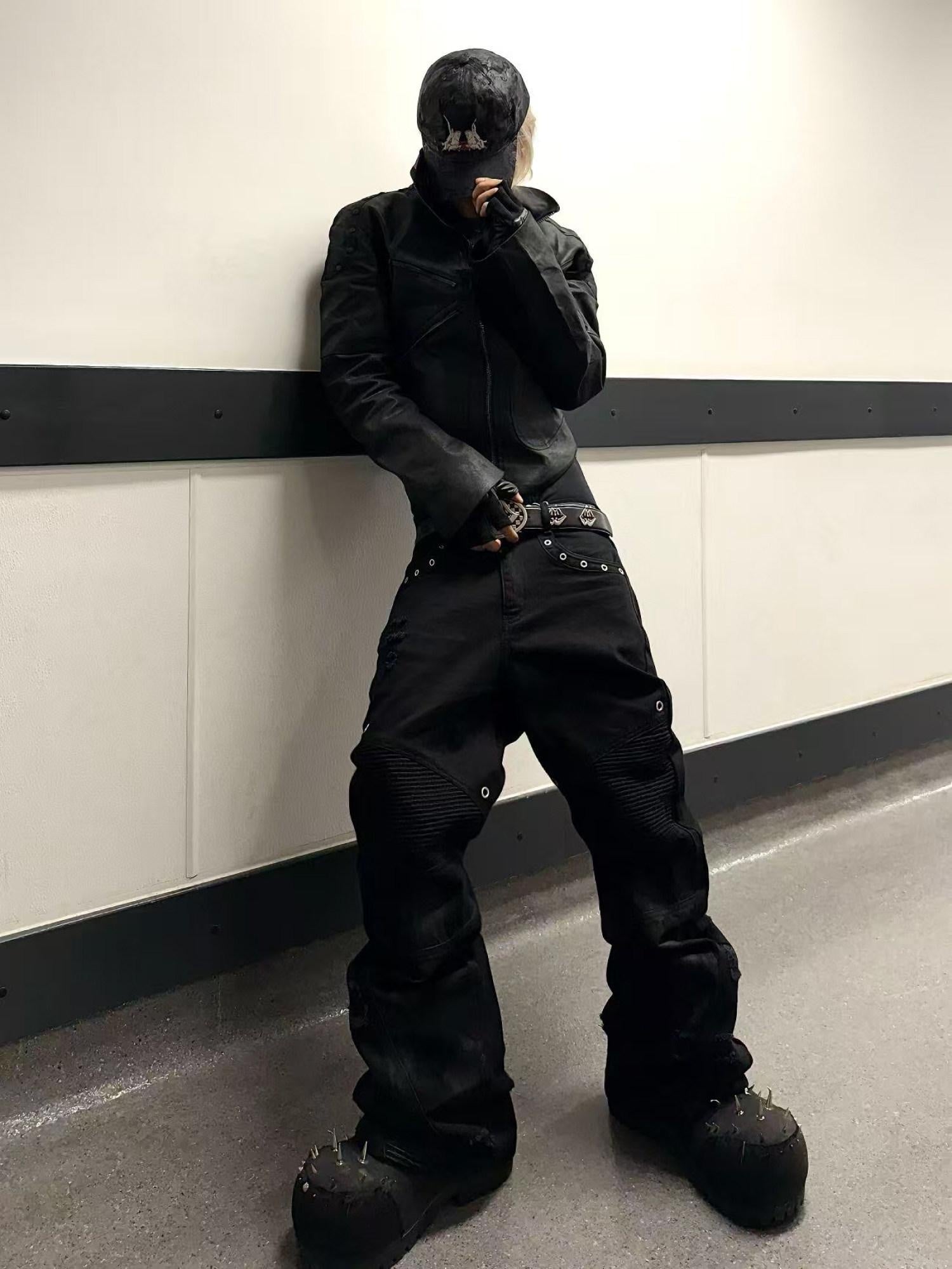 TH4SWE Studded Distressed Patchwork Mid Waist Casual Black Straight Pants