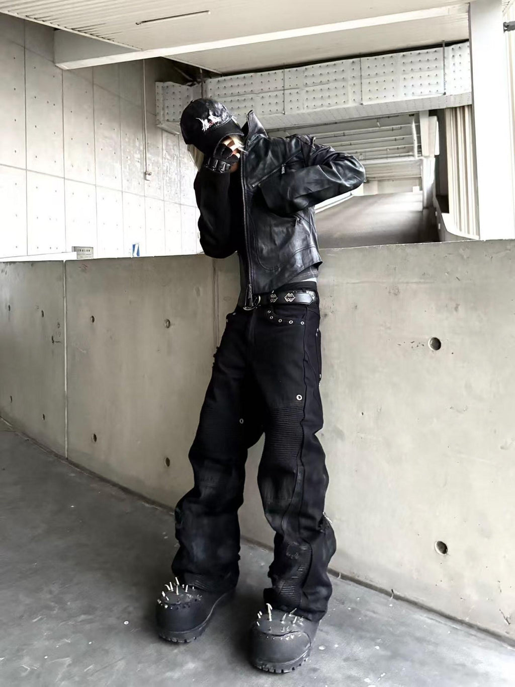 TH4SWE Studded Distressed Patchwork Mid Waist Casual Black Straight Pants