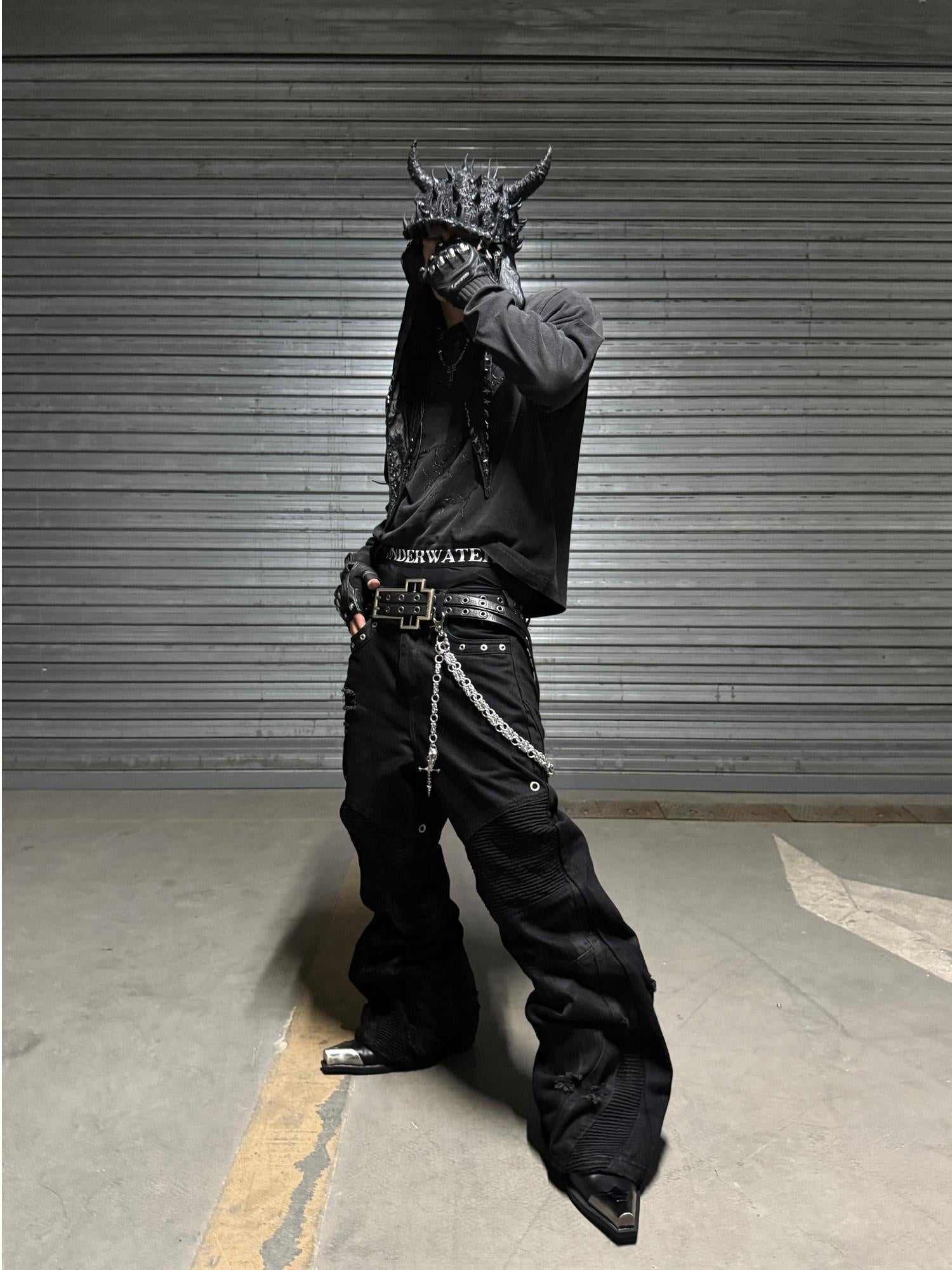 TH4SWE Studded Distressed Patchwork Mid Waist Casual Black Straight Pants