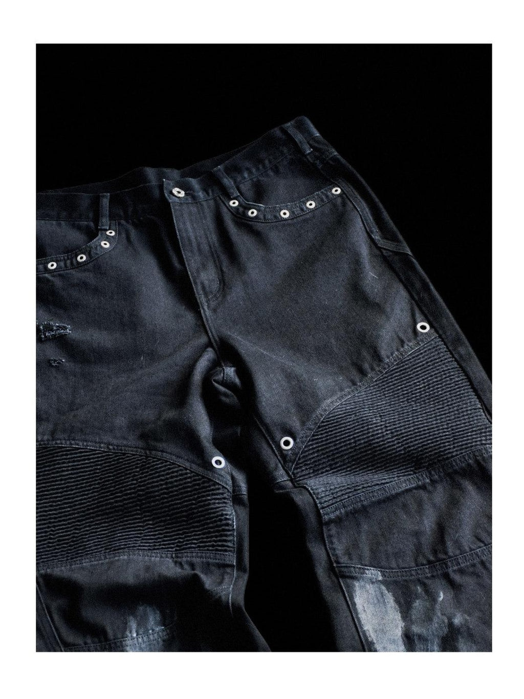 TH4SWE Studded Distressed Patchwork Mid Waist Casual Black Straight Pants