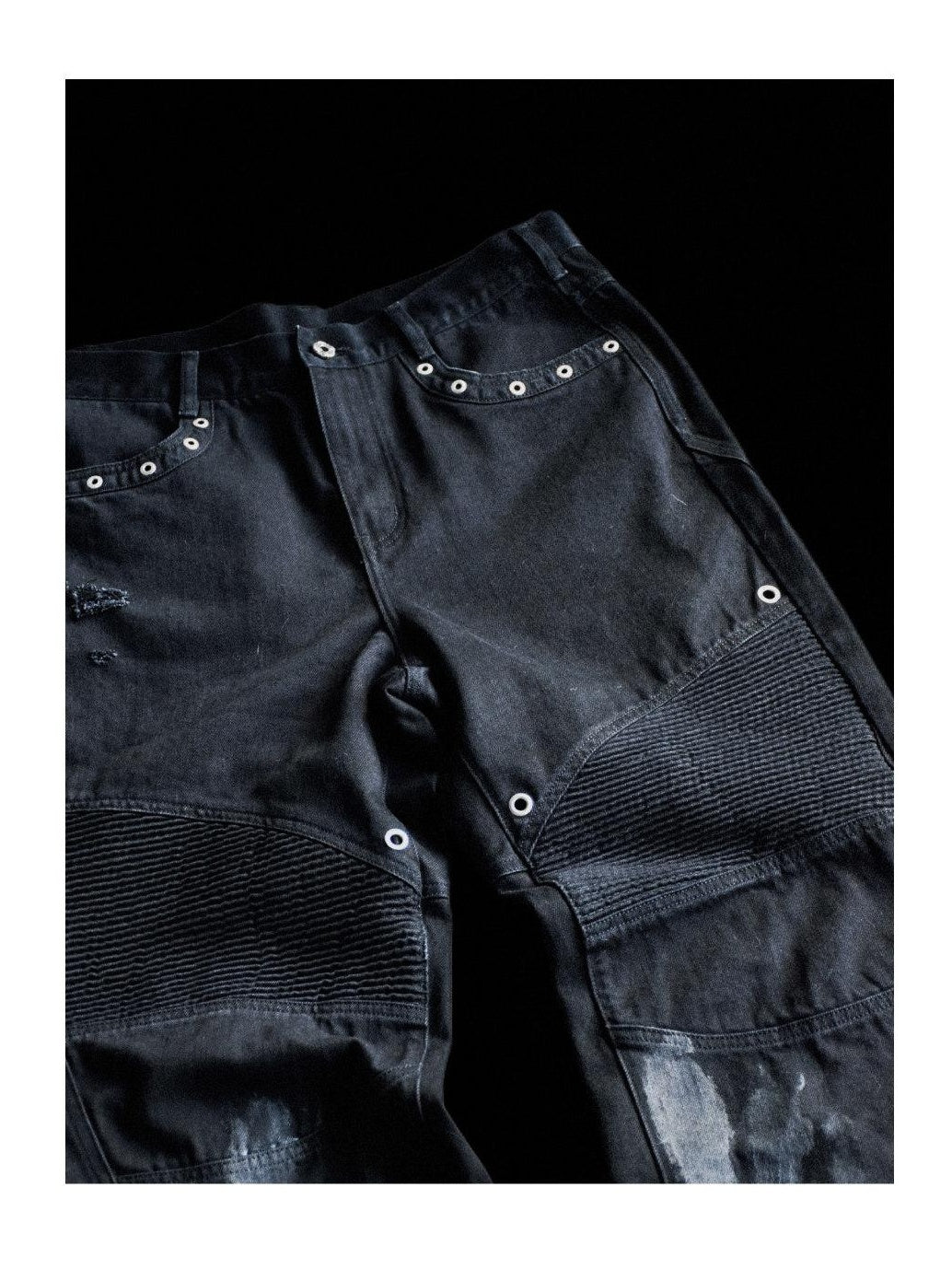 TH4SWE Studded Distressed Patchwork Mid Waist Casual Black Straight Pants