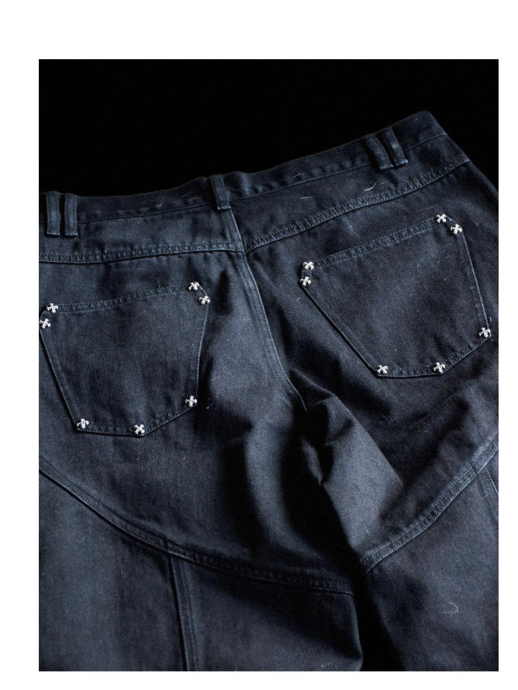 TH4SWE Studded Distressed Patchwork Mid Waist Casual Black Straight Pants