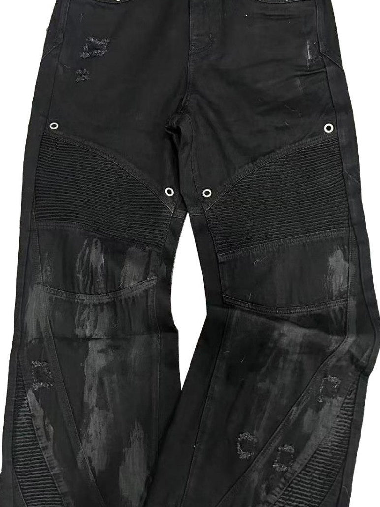 TH4SWE Studded Distressed Patchwork Mid Waist Casual Black Straight Pants