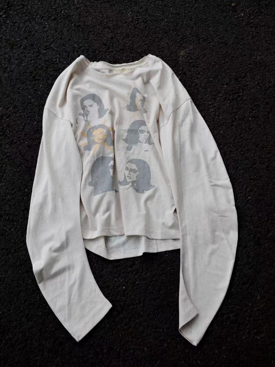TH4SWE Ultra Light Breathable Loose Fit Rock Print Unisex Beige Long Sleeve T-Shirts