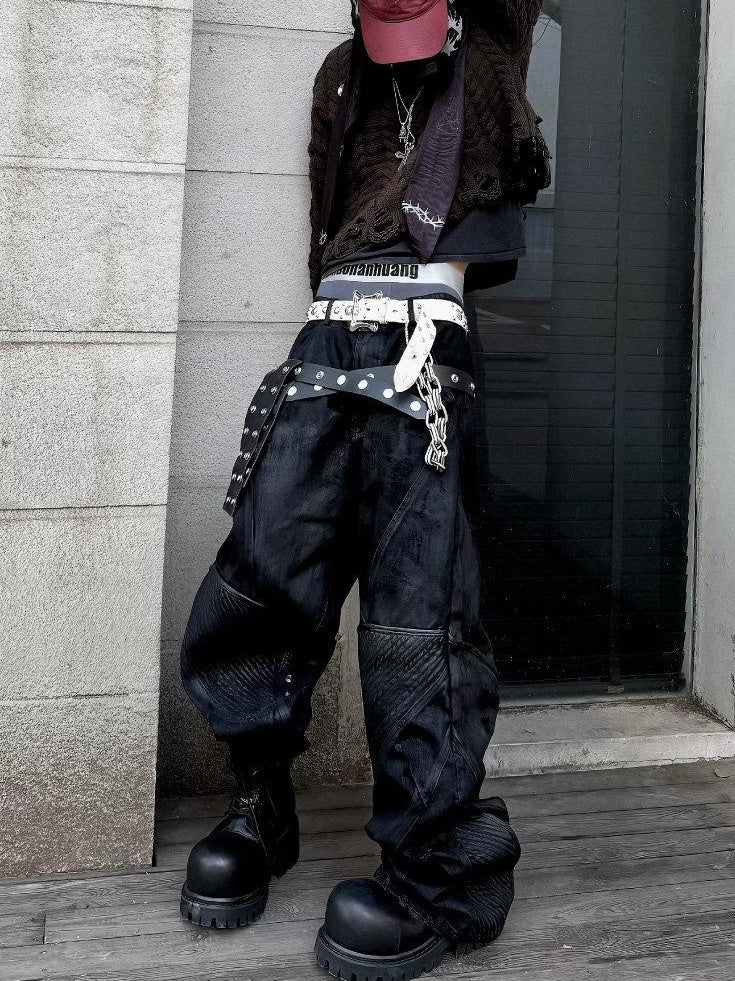 TH4SWE Washed Black Loose Mid Rise Straight Leg Dark Goth Street Cotton Wide-Leg Jeans