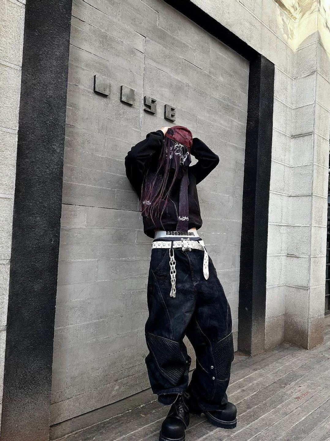 TH4SWE Washed Black Loose Mid Rise Straight Leg Dark Goth Street Cotton Wide-Leg Jeans