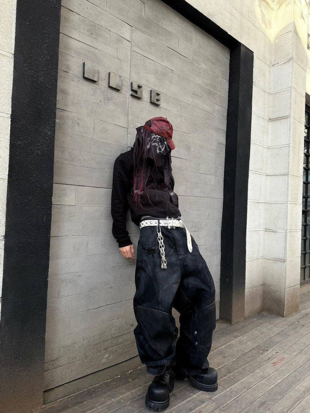TH4SWE Washed Black Loose Mid Rise Straight Leg Dark Goth Street Cotton Wide-Leg Jeans