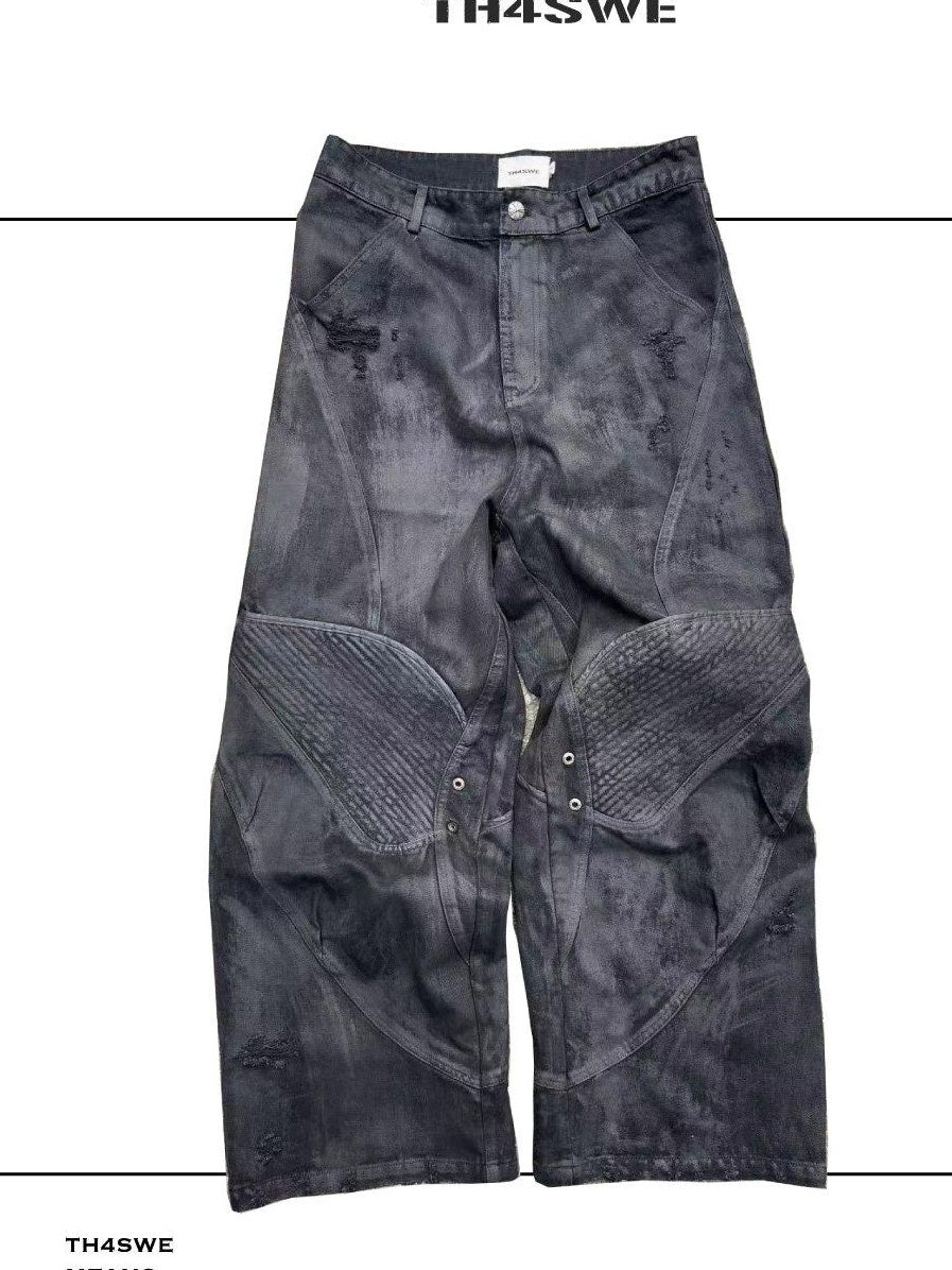 TH4SWE Washed Black Loose Mid Rise Straight Leg Dark Goth Street Cotton Wide-Leg Jeans