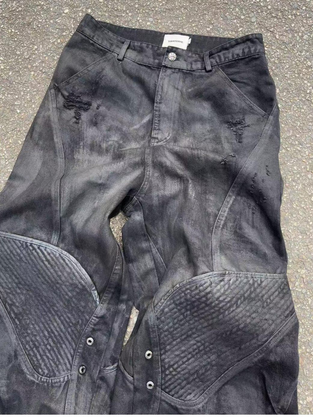 TH4SWE Washed Black Loose Mid Rise Straight Leg Dark Goth Street Cotton Wide-Leg Jeans