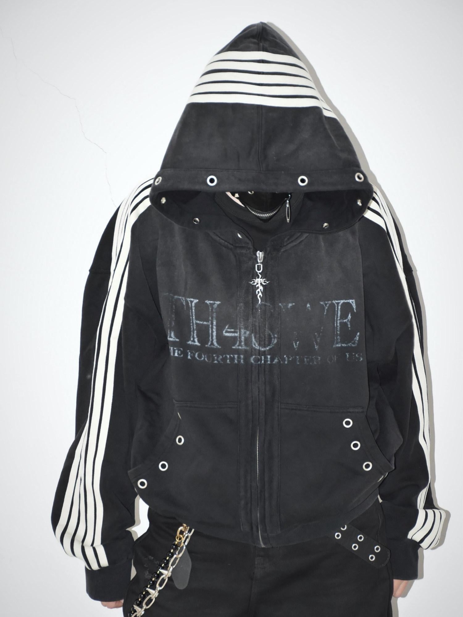 TH4SWE Washed Heavyweight Cotton Loose Zip Pockets Unisex Letter Black Hoodies