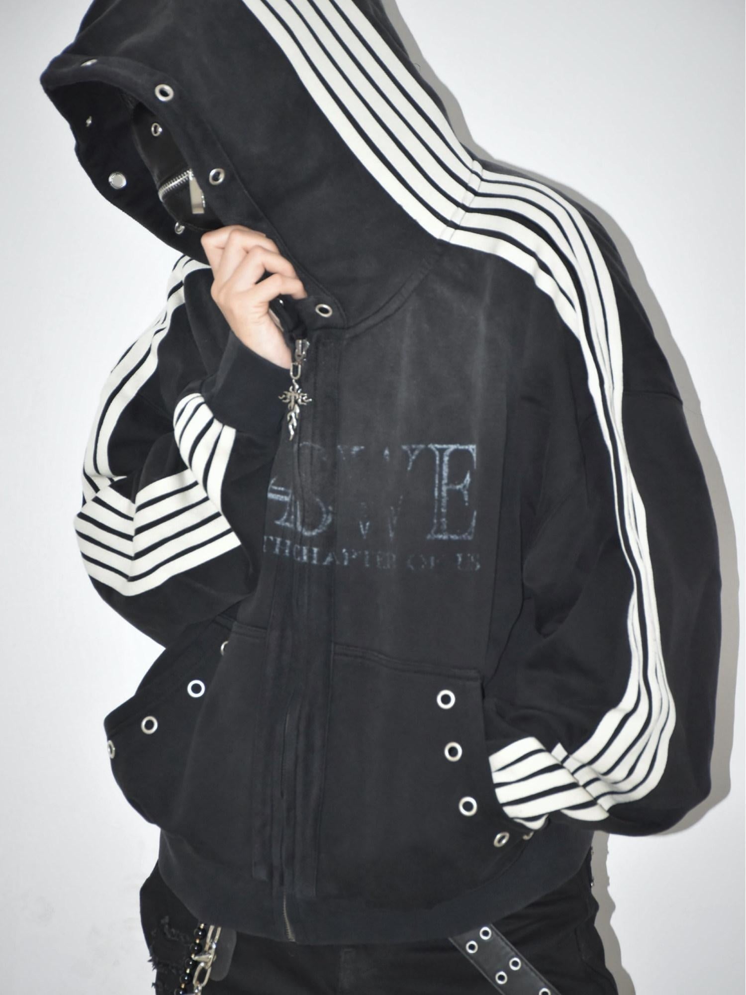 TH4SWE Washed Heavyweight Cotton Loose Zip Pockets Unisex Letter Black Hoodies