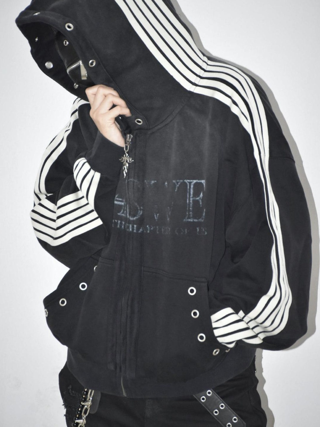 TH4SWE Washed Heavyweight Cotton Loose Zip Pockets Unisex Letter Black Hoodies