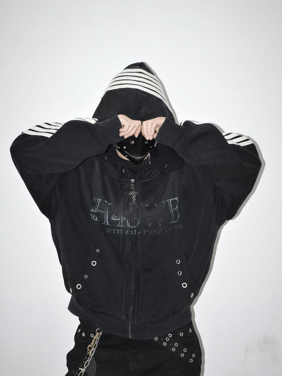 TH4SWE Washed Heavyweight Cotton Loose Zip Pockets Unisex Letter Black Hoodies