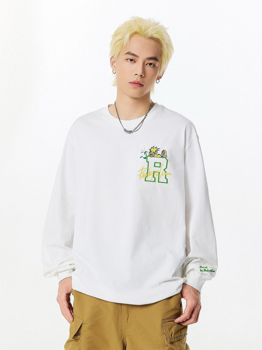 RickyisClown Pineapple Head Embroidered Loose Men's Cotton Blend Long Sleeve T-shirts