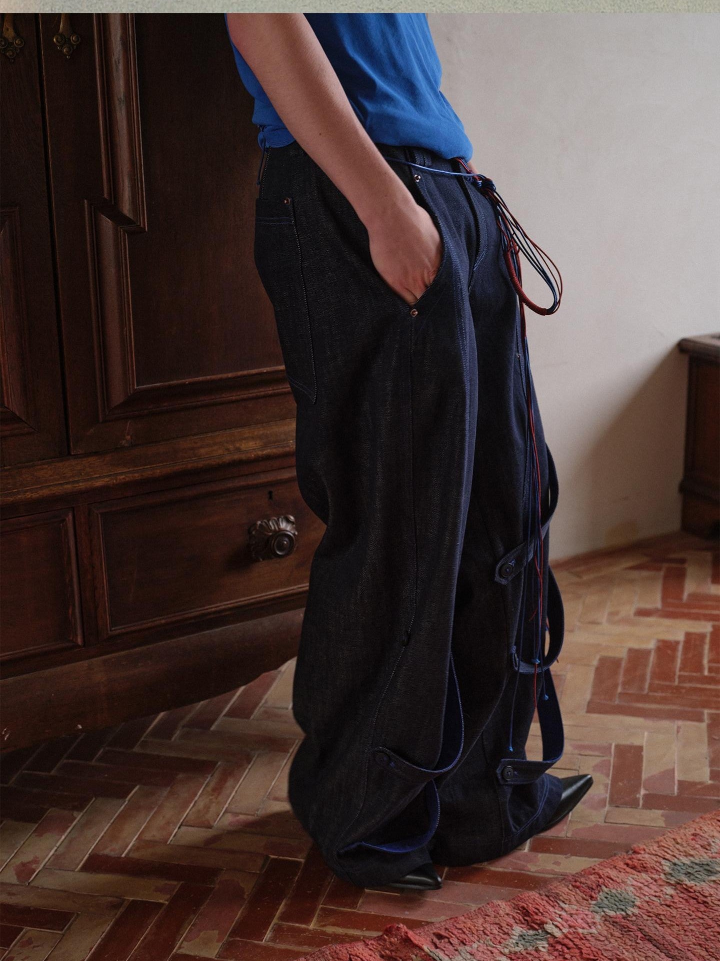 soknot Indigo Washed Dark Navy Wide Leg Relaxed Fit Men's Denim Loose Jeans