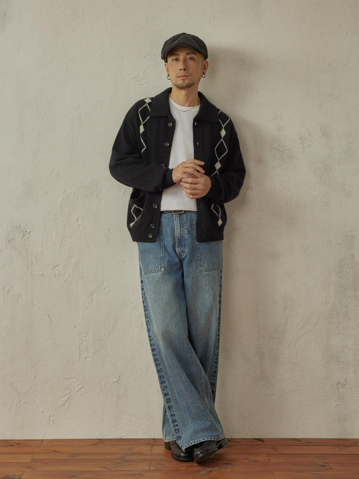 SUPERTOFU 100% Wool Jacquard Polo Collar Button Pocket Loose Fit Unisex Cardigans