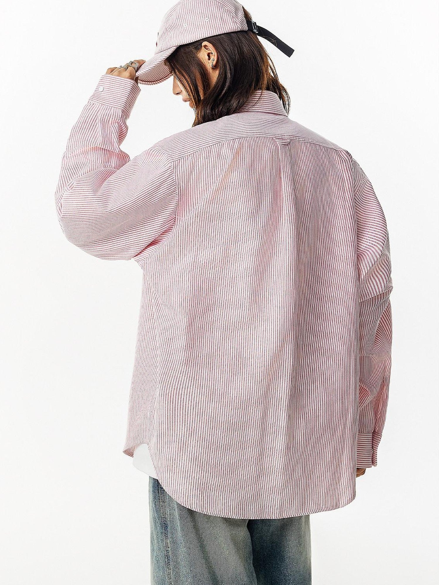 RickyisClown Pink Swirl Rabbit Embroidery Long Sleeve Chinese Street Men's Striped Shirts
