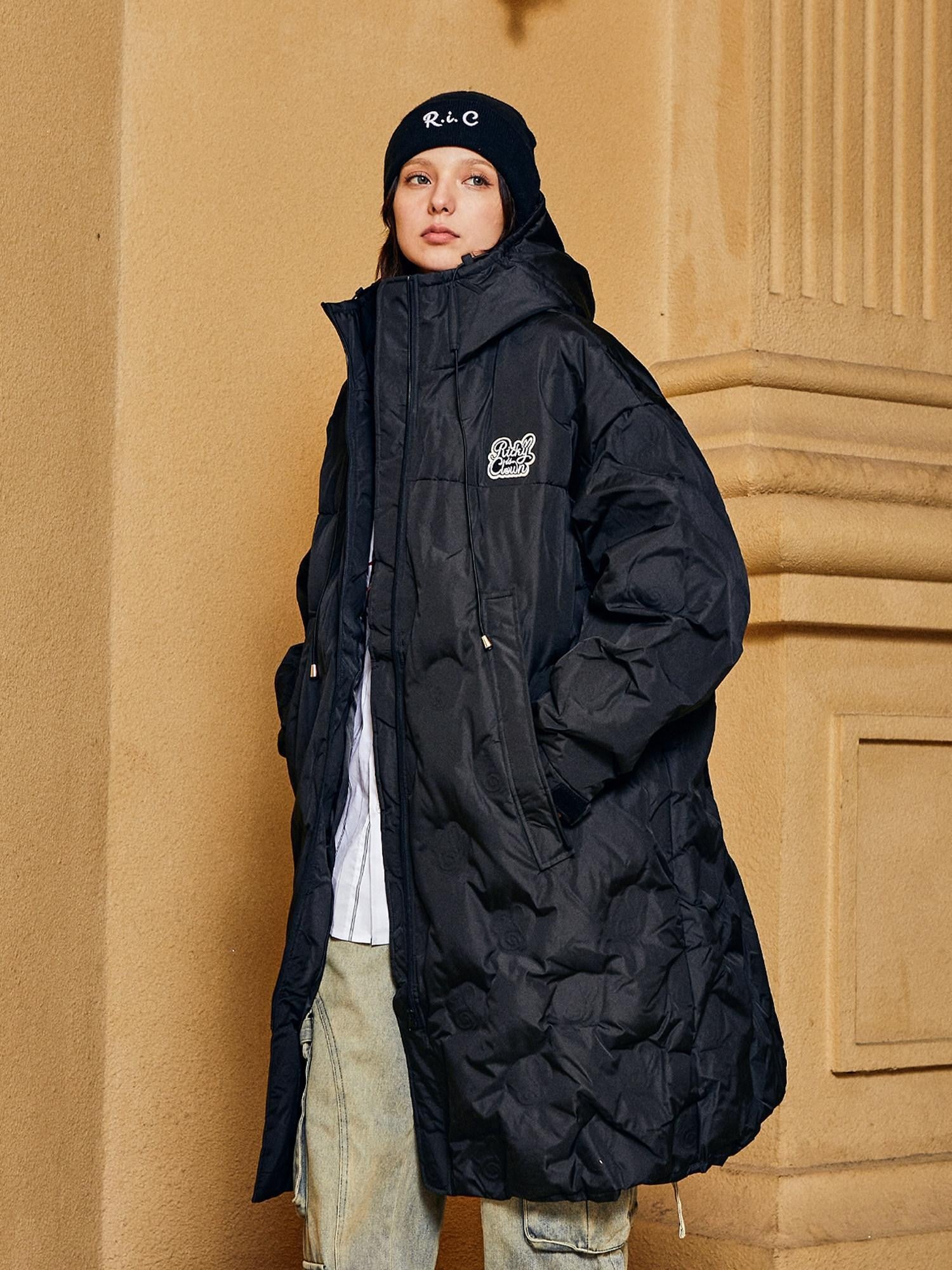 RickyisClown Hooded Bonded Embossed Mid Length Men's Polyester White Duck Down Down Jackets