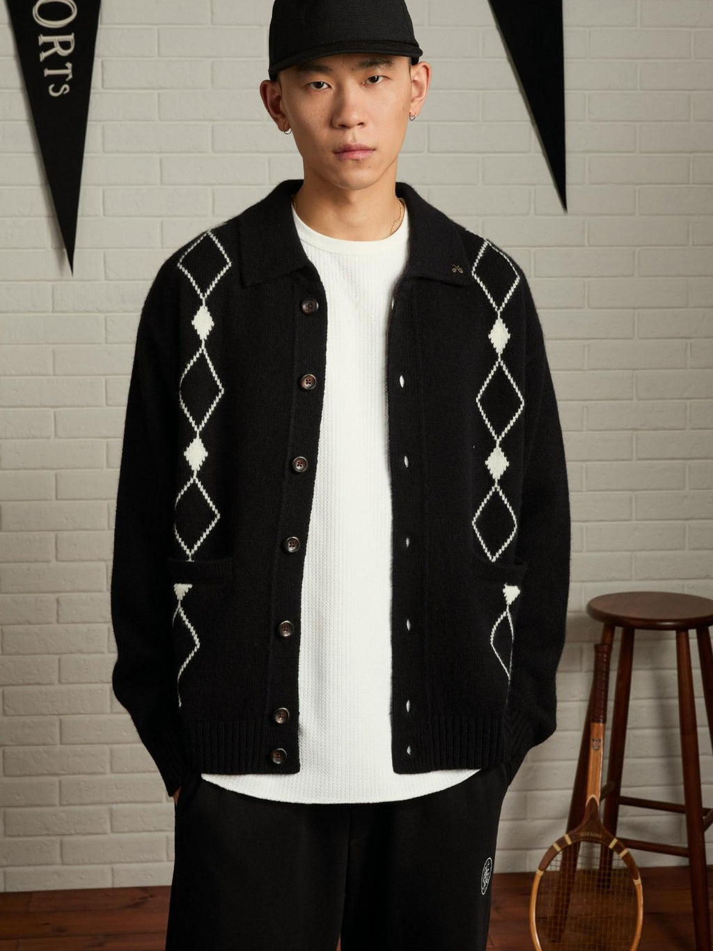 SUPERTOFU 100% Wool Jacquard Polo Collar Button Pocket Loose Fit Unisex Cardigans