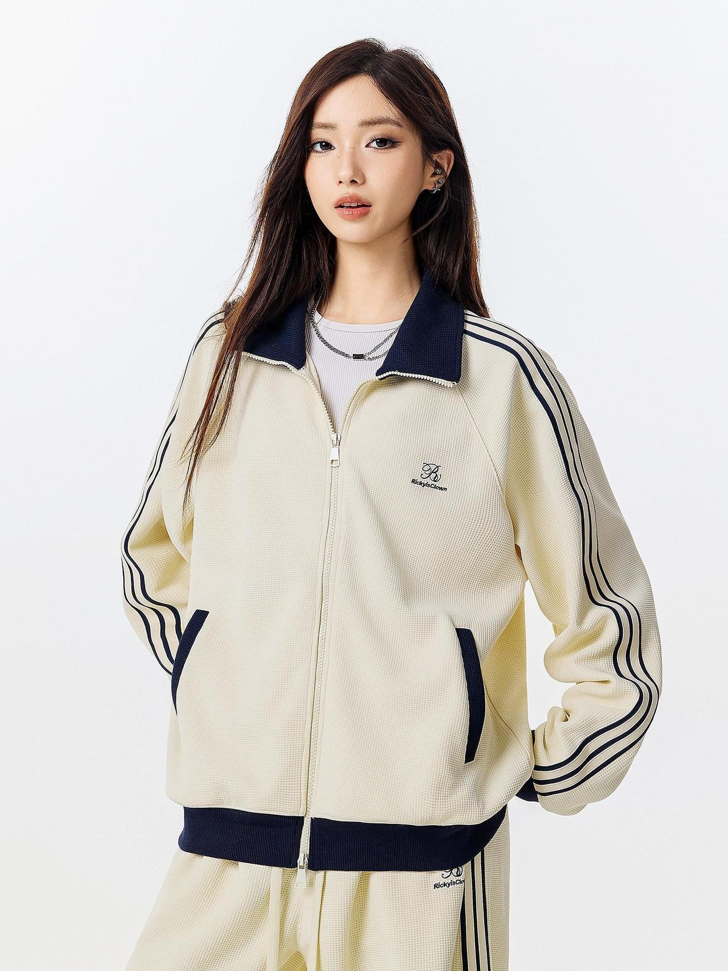 RickyisClown Colorblock Waffle Knit Men's Sporty American Harrington Jackets