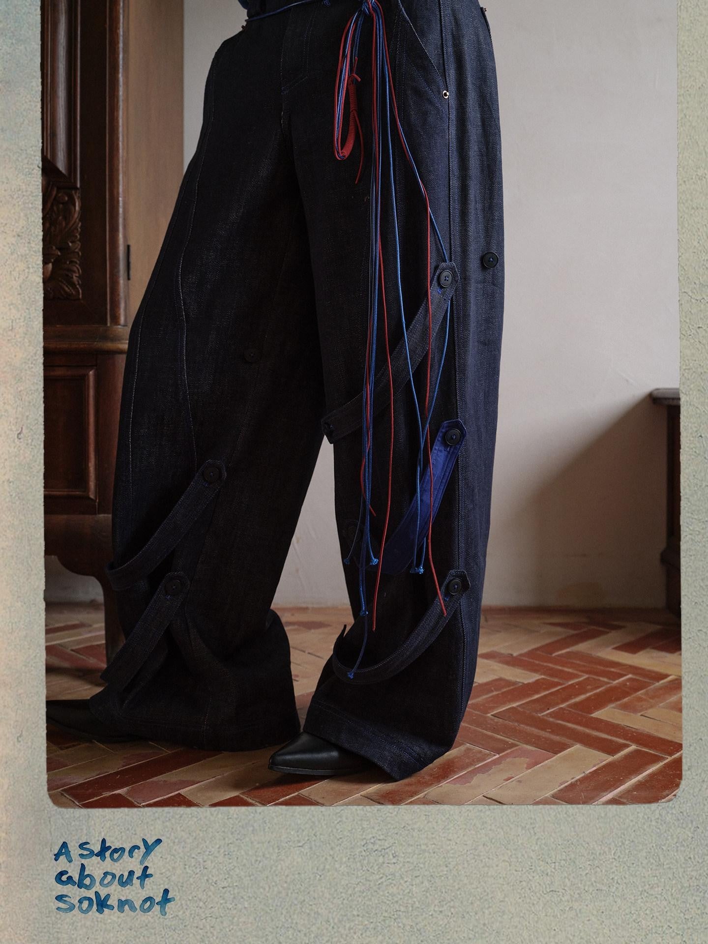 soknot Indigo Washed Dark Navy Wide Leg Relaxed Fit Men's Denim Loose Jeans