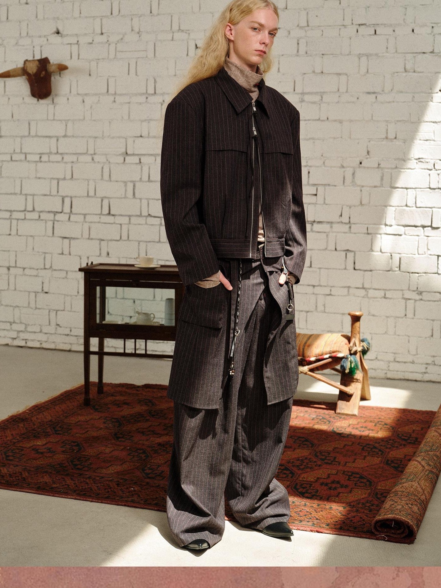 soknot Gray Pink Striped Relaxed Wide Fit Men's Polyester Viscose Blend Dress Pants