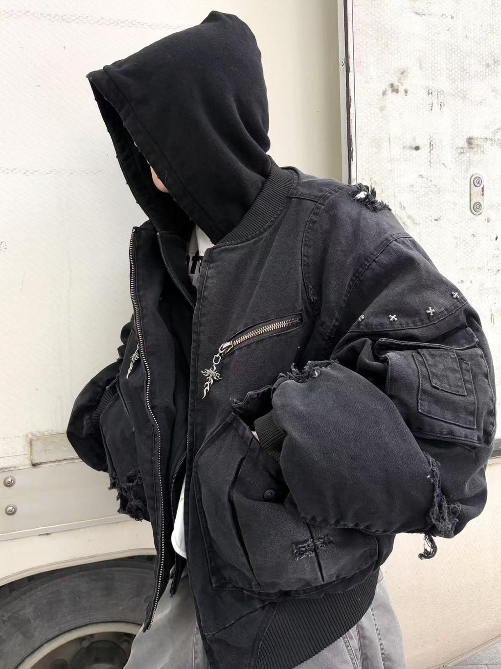 TH4SWE Warm Washed Hooded Oversized Short Cotton Ribbed Hem Unisex Black Puffer Jackets