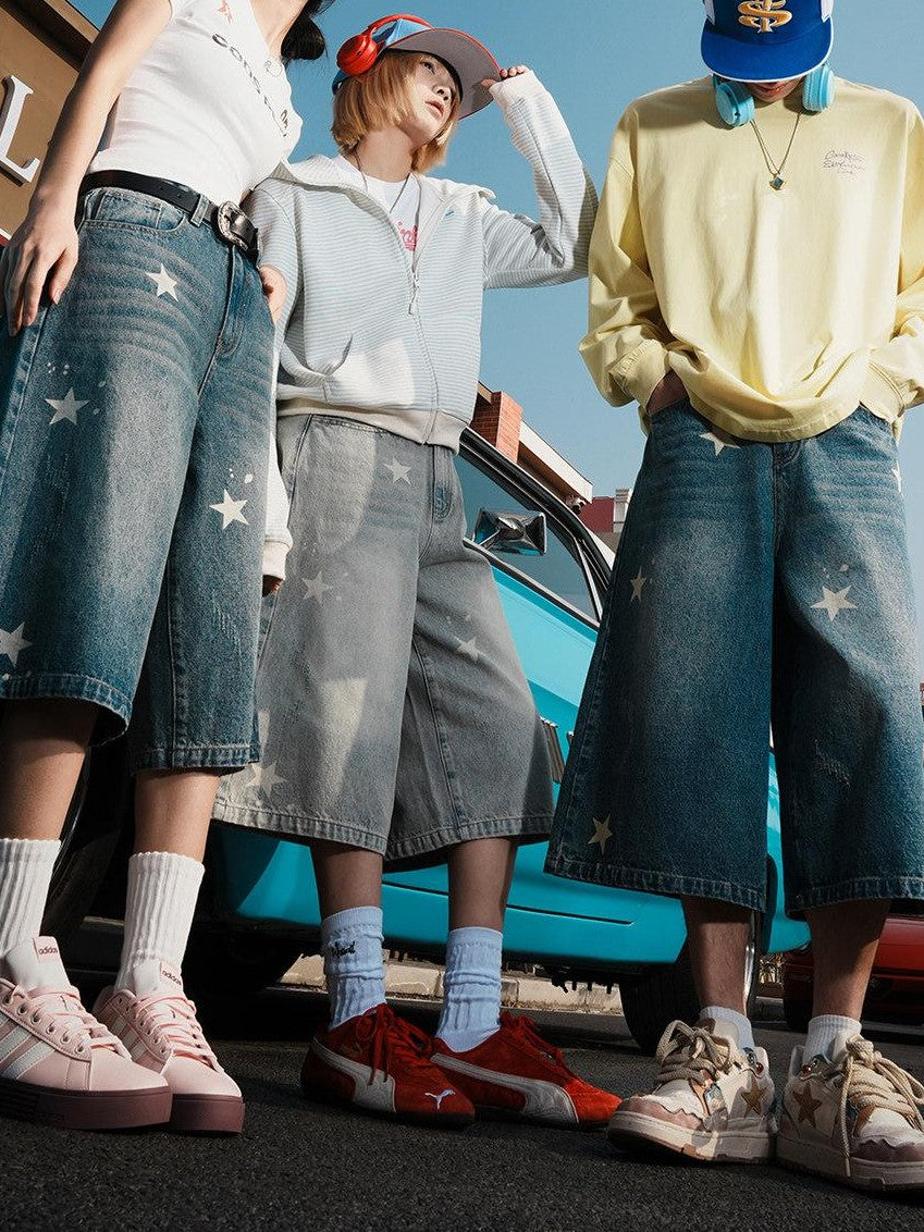 lemanism Star Print Seven Point Cropped Casual Couple Men's Denim Loose Jeans