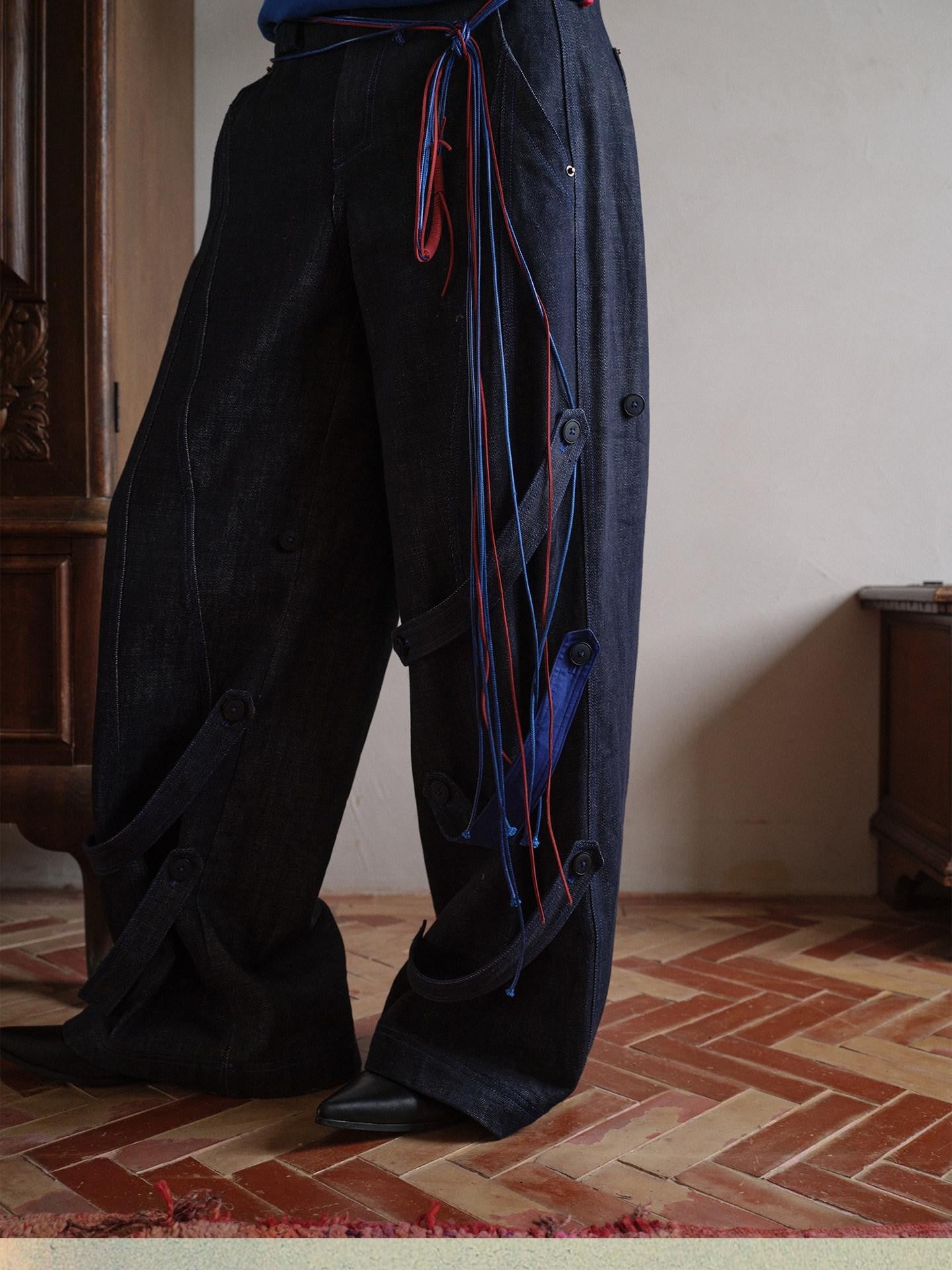 soknot Indigo Washed Dark Navy Wide Leg Relaxed Fit Men's Denim Loose Jeans