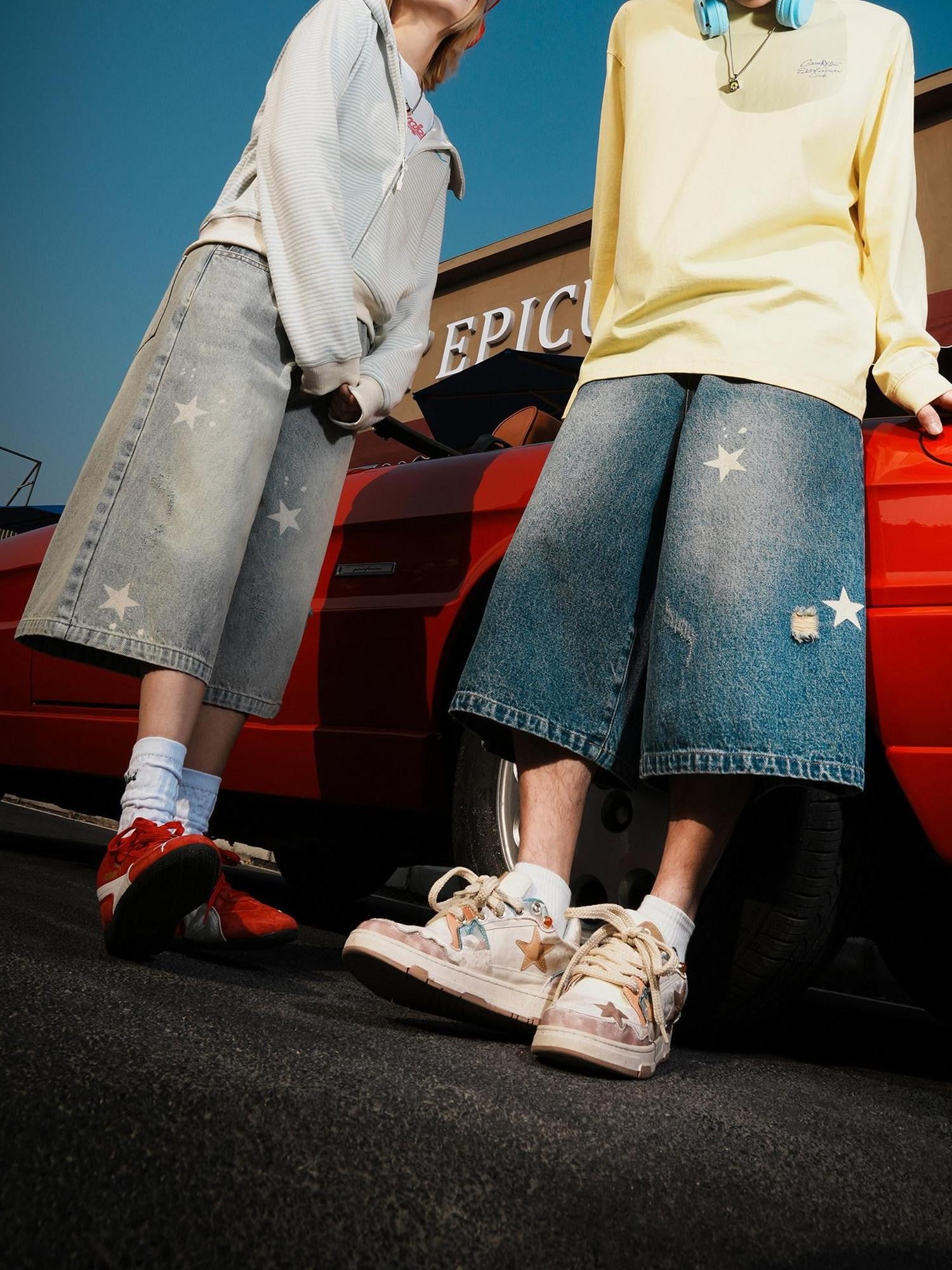 lemanism Star Print Seven Point Cropped Casual Couple Men's Denim Loose Jeans