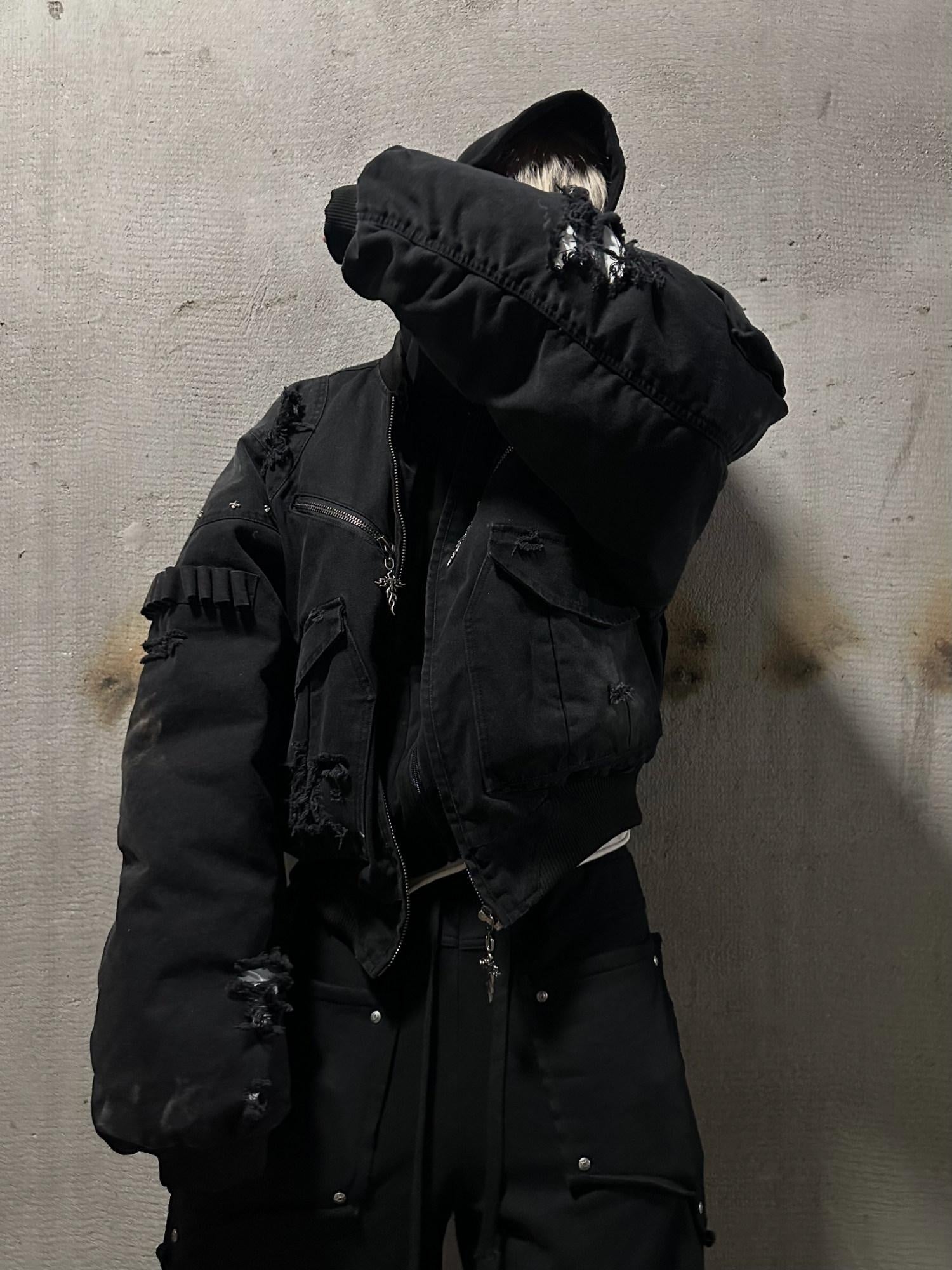 TH4SWE Warm Washed Hooded Oversized Short Cotton Ribbed Hem Unisex Black Puffer Jackets
