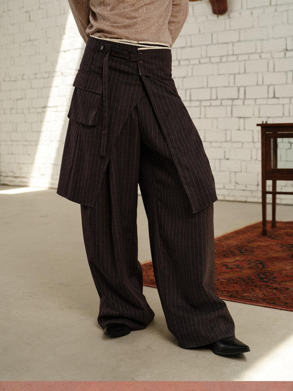 soknot Gray Pink Striped Relaxed Wide Fit Men's Polyester Viscose Blend Dress Pants