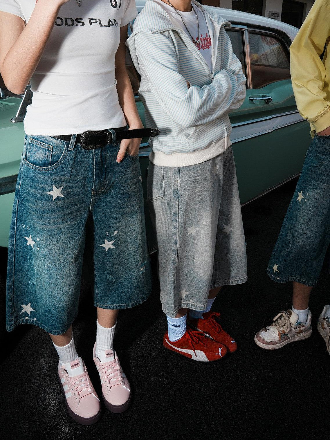 lemanism Star Print Seven Point Cropped Casual Couple Men's Denim Loose Jeans