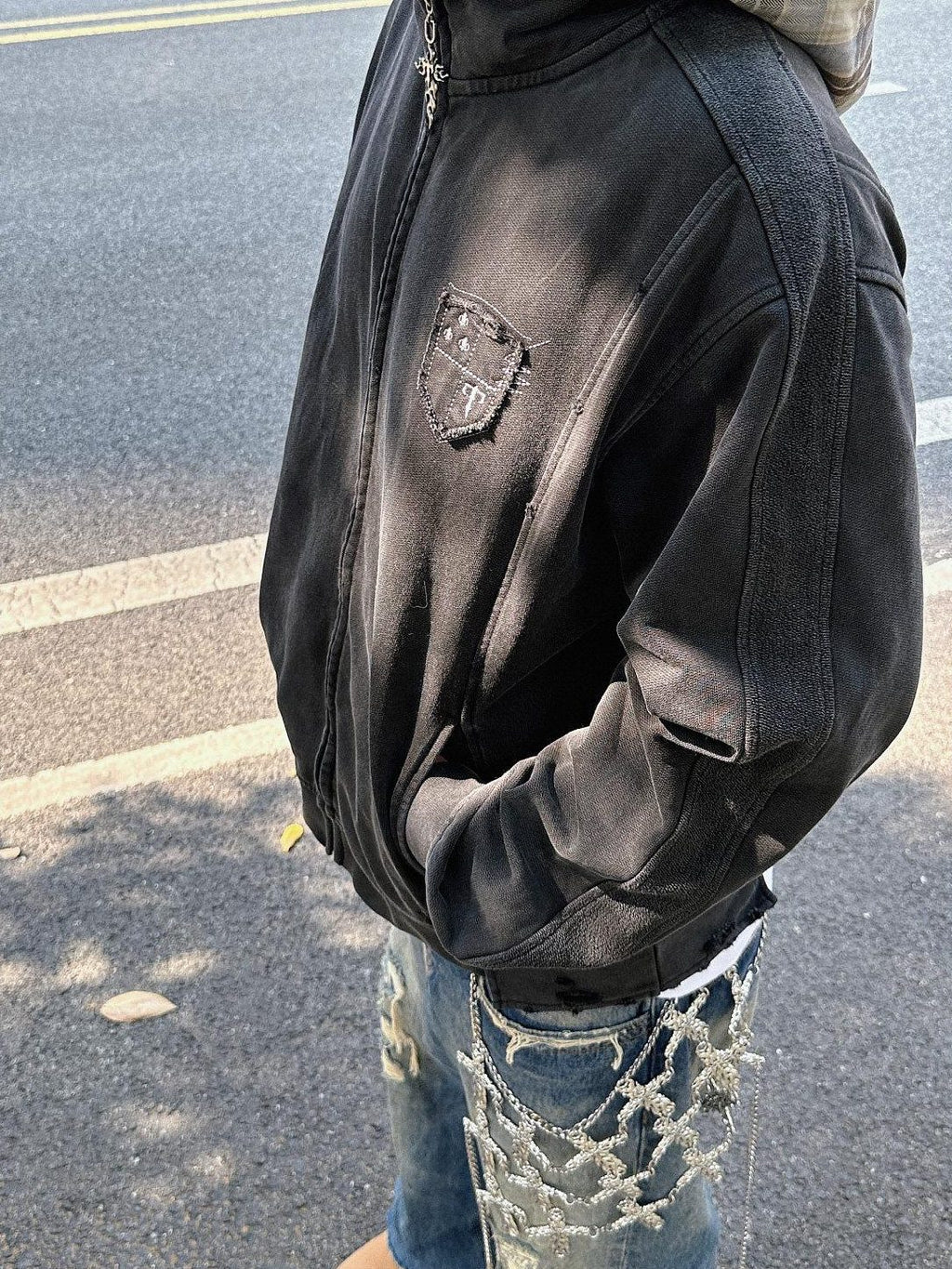 TH4SWE 100 Percent Cotton Terry Loose Fit Hooded Zip Unisex Youth Black Plaid Hoodies