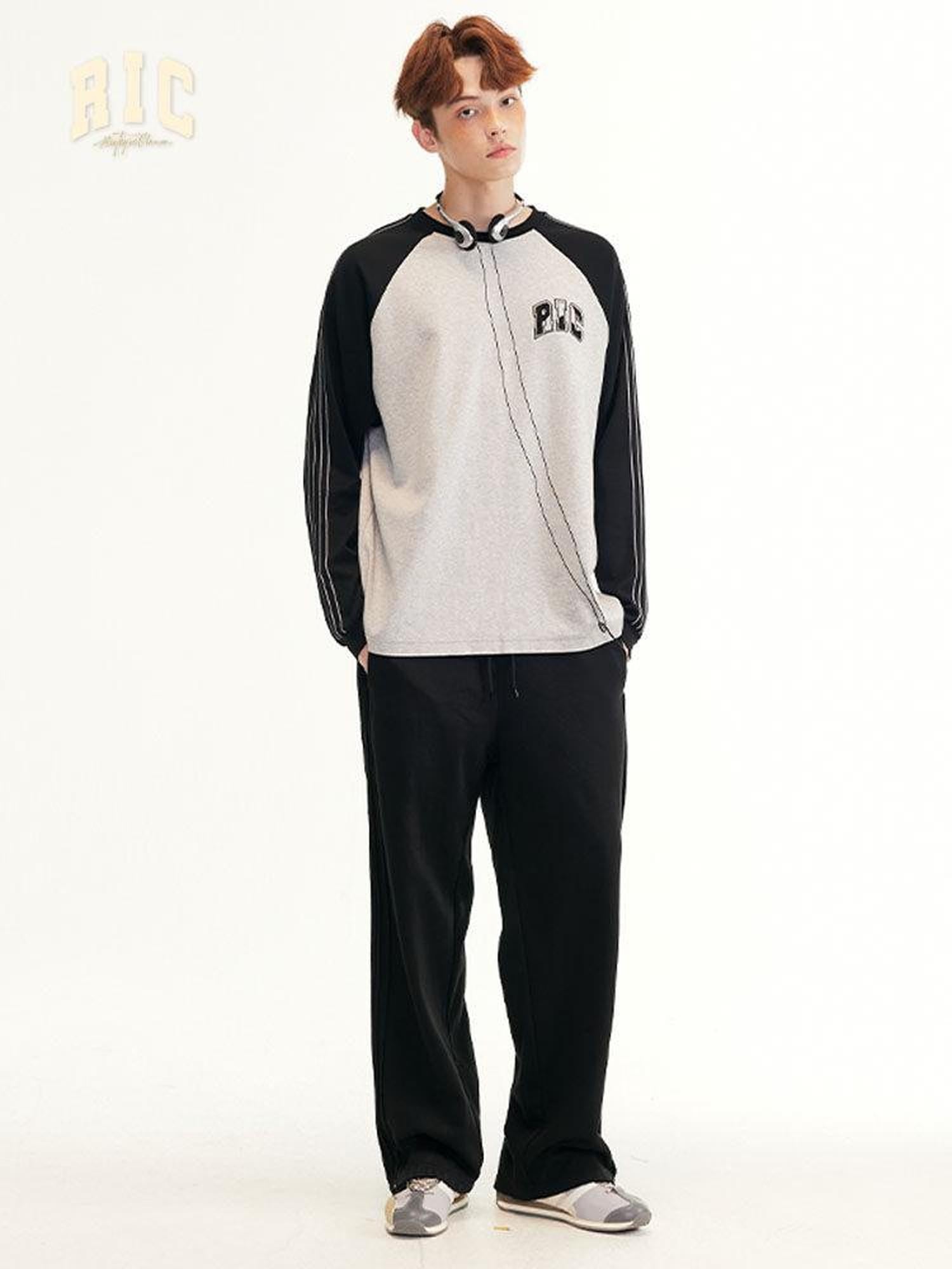 RickyisClown Black Striped Side Pleat Chinese Streetwear Men's Cotton Blend Sweatpants