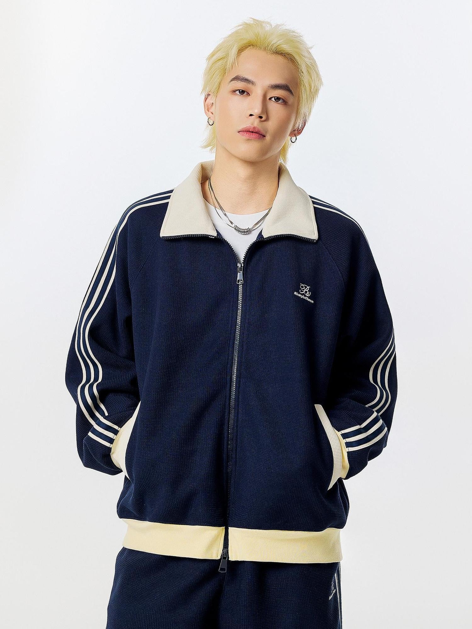 RickyisClown Colorblock Waffle Knit Men's Sporty American Harrington Jackets
