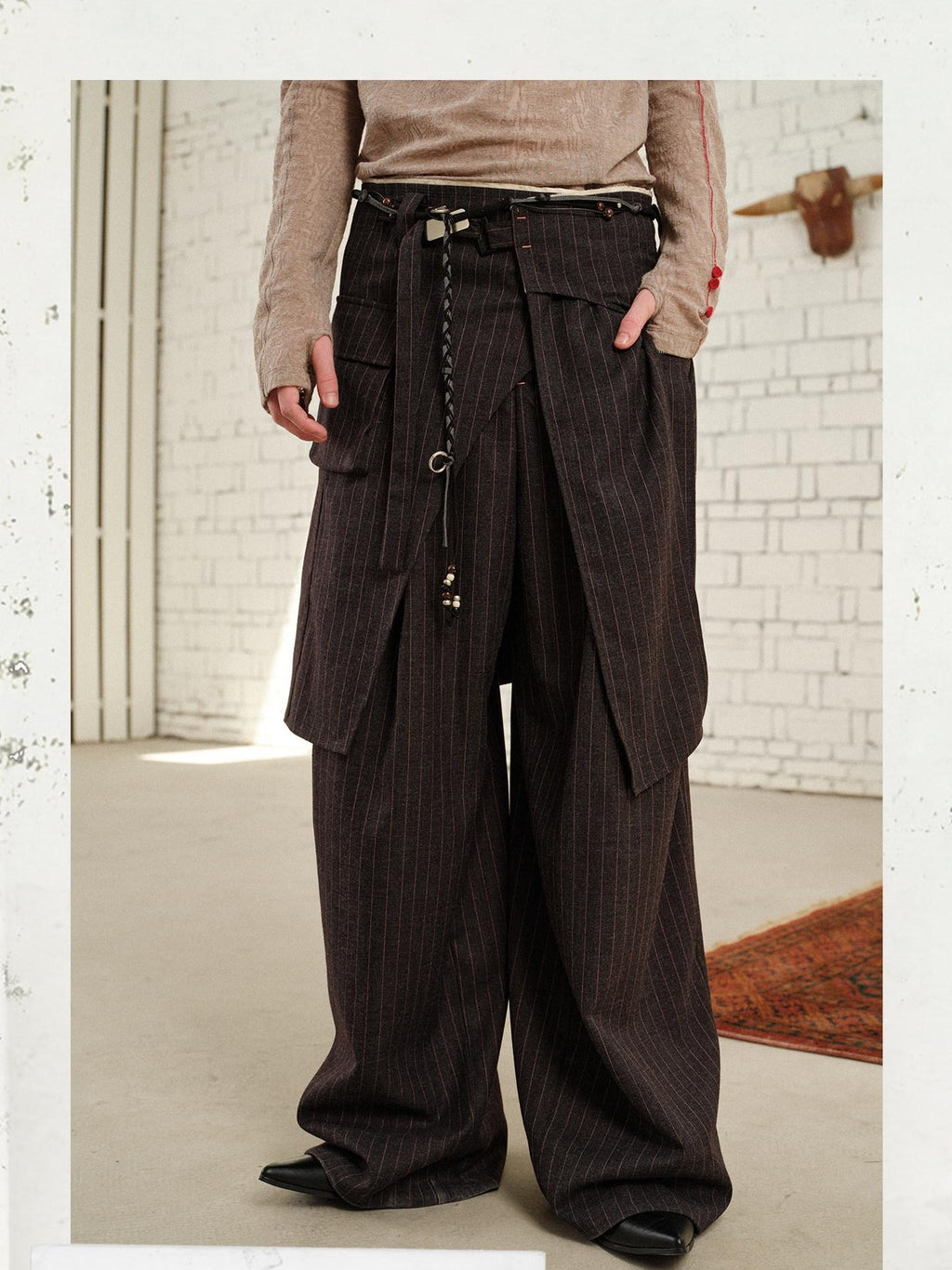 soknot Gray Pink Striped Relaxed Wide Fit Men's Polyester Viscose Blend Dress Pants