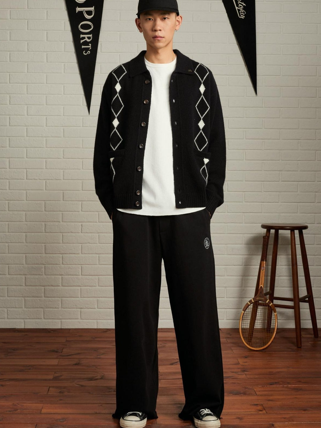 SUPERTOFU 100% Wool Jacquard Polo Collar Button Pocket Loose Fit Unisex Cardigans