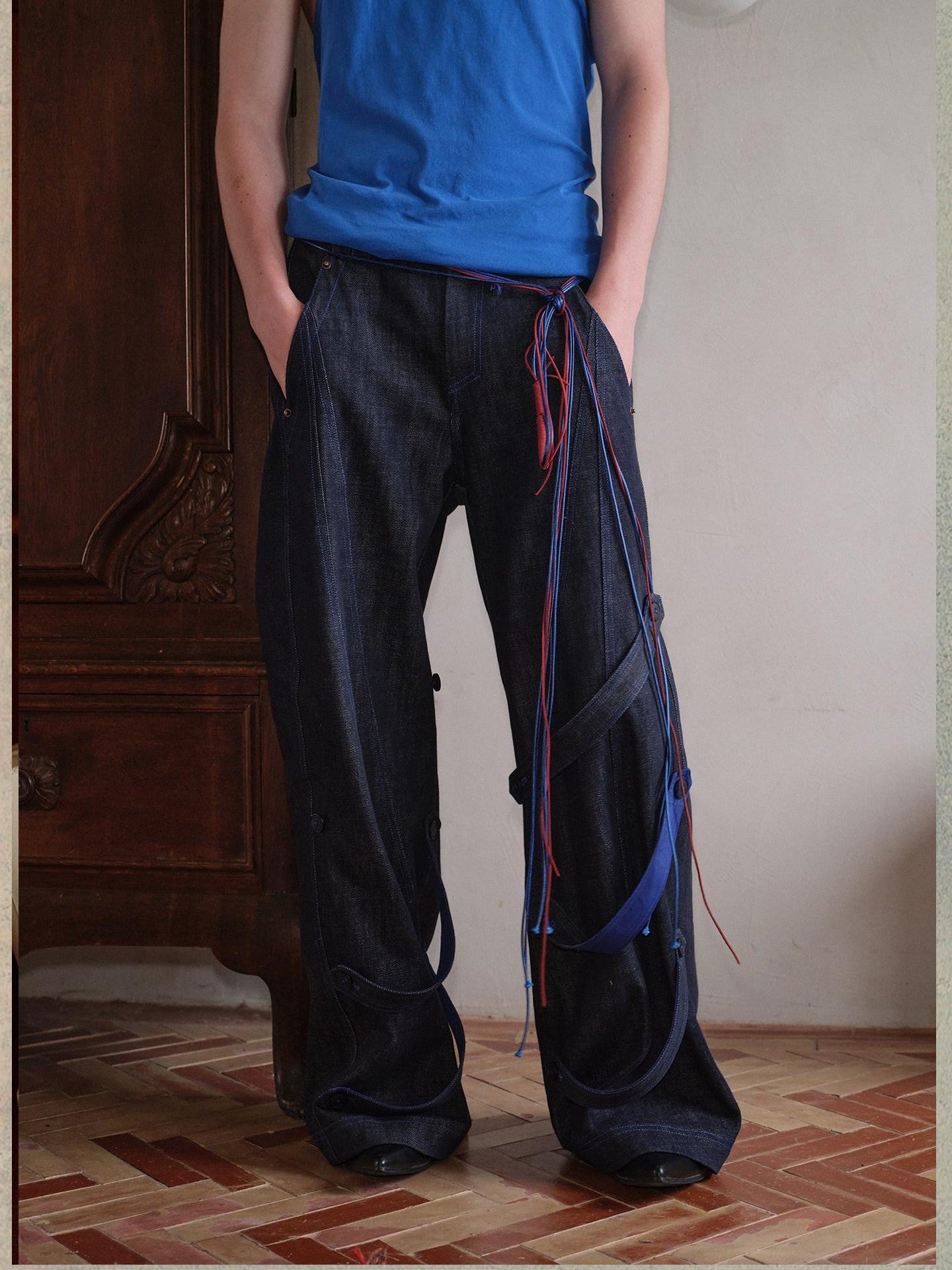 soknot Indigo Washed Dark Navy Wide Leg Relaxed Fit Men's Denim Loose Jeans